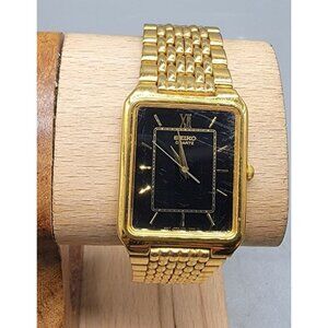Seiko Mens Quartz Watch 7.25" Gold Plated V701-5J09 26mm Black Dial Vintage